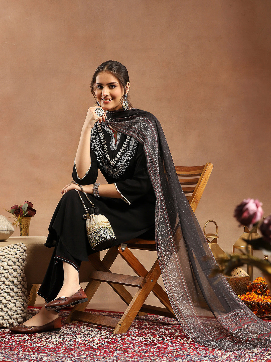 Thread Embroidered Rayon Kurta Set with Lace Sleeves &amp; Printed Dupatta