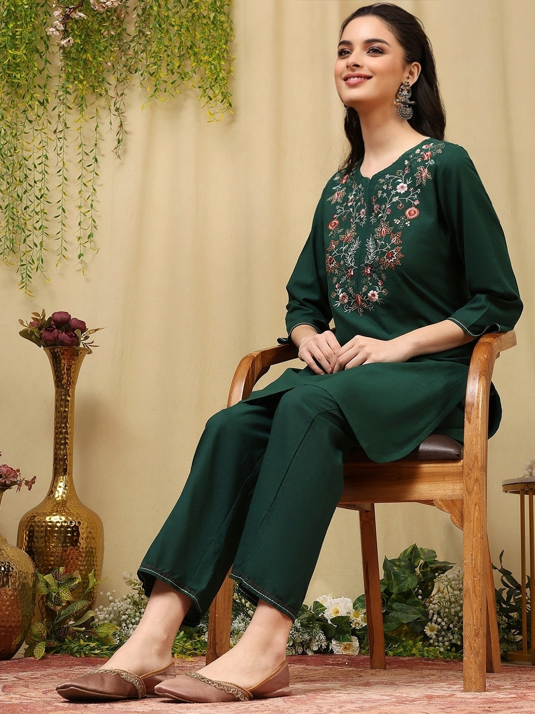 Embroidered Rayon Kurta Set with Stitch-Detailed Palazzo