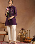 Solid A-Line Crepe Tunic with Thread Embroidery & Lace Detail
