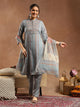 Tribal Printed Straight Kurta Set with Lace Detailing & Chiffon Dupatta