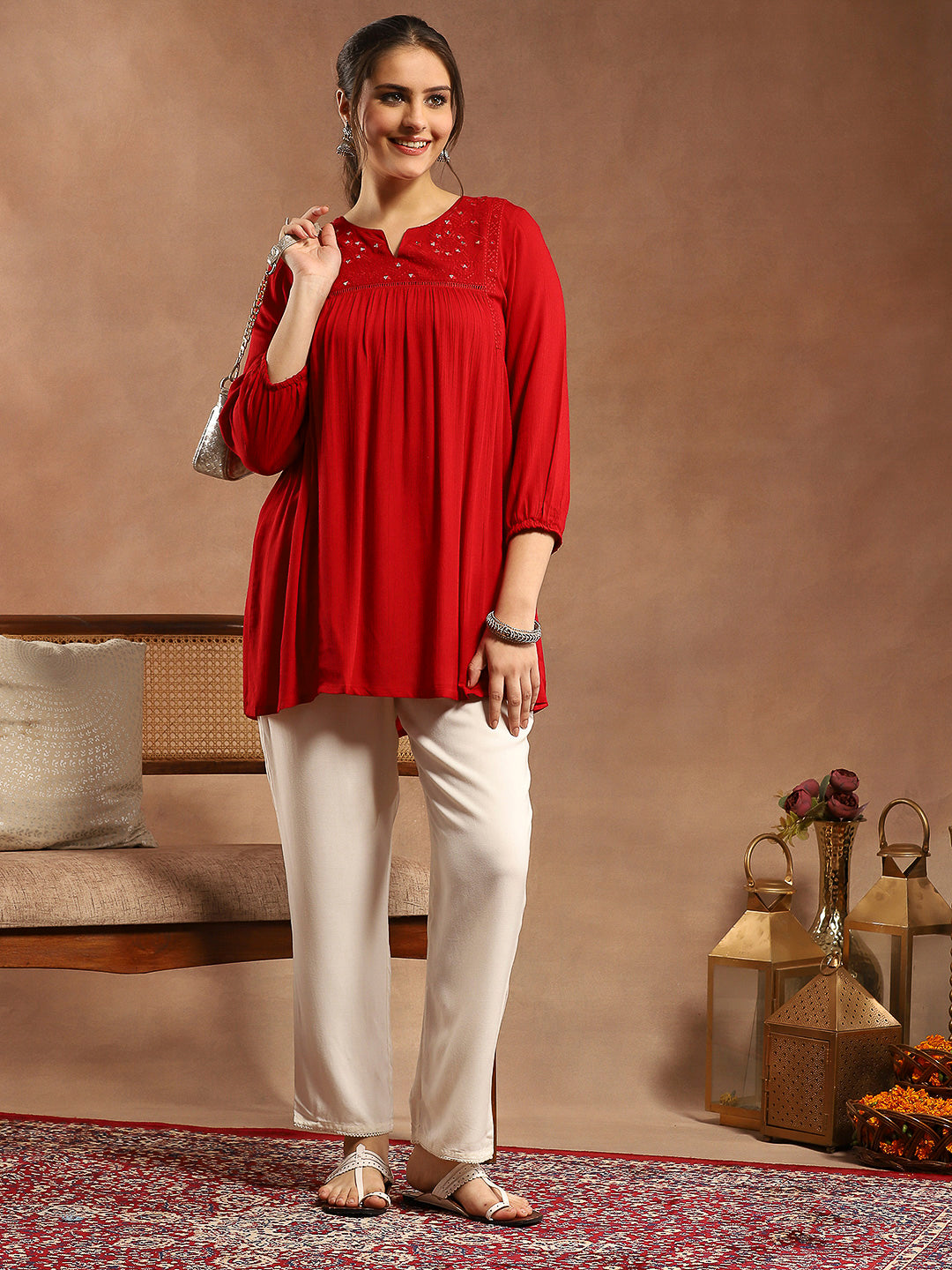 Solid A-Line Viscose Rayon Tunic with Mirror Embroidery