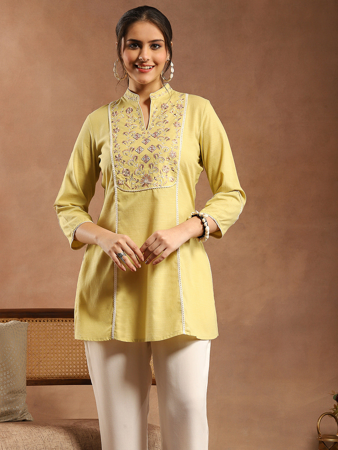 Lemon Embroidered Kurti with Lace Sleeves and Mandarin Collar