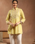 Lemon Embroidered Kurti with Lace Sleeves and Mandarin Collar