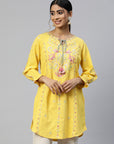 Yellow & Pink Floral Embroidered Pure Cotton Kurti