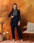 Solid Zari Embroidered Rayon Kurta with Laced Hem Palazzo