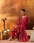 Floral Wool Blend Kurta Set with Swarovski Detailing & Printed Dupatta