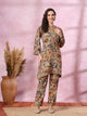 Brown Floral Rayon Co-ord Set with Bell Sleeves and Mandarin Collar