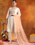 Crepe-Raschel Embroidered Kurta Set with Mesh Lace Dupatta