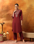 Cotton Blend Zari Embroidered Kurta Set with Embroidered Organza Cuffs & Elasticated Palazzo