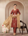 Zari-Trimmed V-Neck Kurta Set with Chanderi Tassel Dupatta