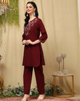 Solid Straight Viscose Rayon Kurta with Ethnic Embroidery & Palazzo