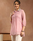 Solid Chiffon Tunic with Mirror Embroidery & Shirt Collar
