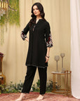 Pleated Crepe Kurta Set with Floral Embroidery & Lace-Hem Palazzo