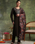 Wool Blend Embroidered Kurta Set with Silk Dupatta
