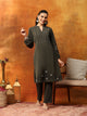 Wool Blend Kurta Set with Embroidered Yoke, Smocked Sleeves & Palazzo