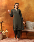 Wool Blend Kurta Set with Embroidered Yoke, Smocked Sleeves & Palazzo