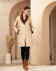 Suede Long Coat with Fur Collar & Sleeve Detailing