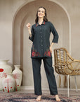 Solid Viscose Rayon Co-ord Set with Embroidered Shirt Collar