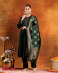 Velvet Zari-Embroidered Kurta Set with Bell Sleeves, Palazzo & Banarasi Dupatta