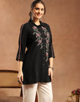 Solid A-Line Crepe Tunic with Thread Embroidery & Lace Detail