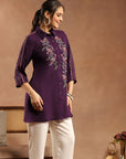 Solid A-Line Crepe Tunic with Thread Embroidery & Lace Detail