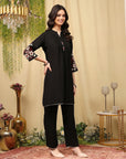 Pleated Crepe Kurta Set with Floral Embroidery & Lace-Hem Palazzo