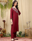 Thread Embroidered Rayon Kurta Set with Lace Sleeves & Printed Dupatta