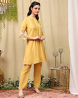 Pleated Crepe Kurta Set with Floral Embroidery & Lace-Hem Palazzo