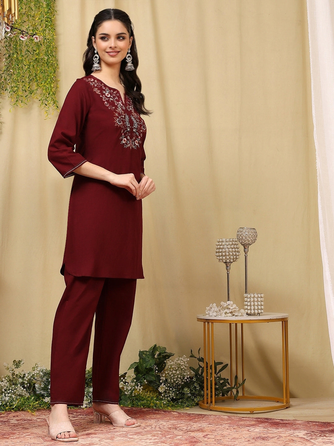Solid Straight Viscose Rayon Kurta with Ethnic Embroidery &amp; Palazzo
