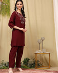 Solid Straight Viscose Rayon Kurta with Ethnic Embroidery & Palazzo
