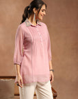 Solid Chiffon Tunic with Mirror Embroidery & Shirt Collar