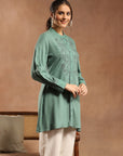 Viscose Rayon Kurti with Embroidered Placket & Lace-Trimmed Sleeves