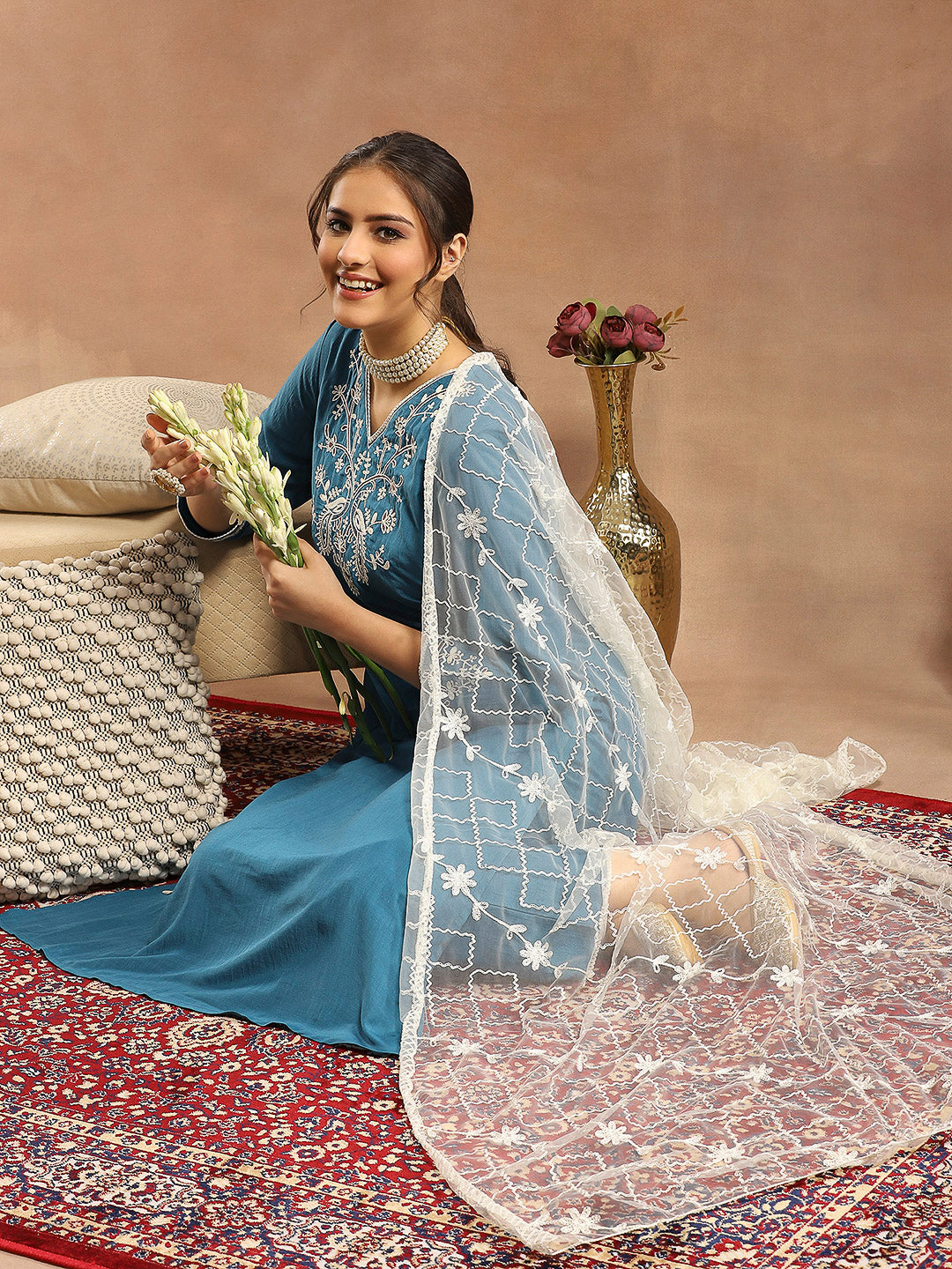 Kurta Set with Intricate Dori Embroidery, Lace Hem Palazzo &amp; Embroidered Supernet Dupatta