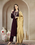 Velvet Straight Kurta Set with Zari Embroidery & Banarasi Dupatta