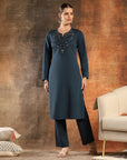 Denim Wool Kurta Set with Thread Embroidery & Palazzo