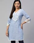 Blue White Floral Embroidered Kurti