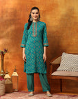 Viscose Rayon Zari Embroidered Kurta with Ethnic Print Palazzo