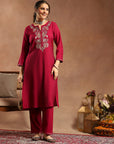 Silk Blend Kurta Set with Intricate Paisley Embroidery, Solid Palazzo & Zari Stitched Hem