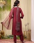 Thread Embroidered Rayon Kurta Set with Lace Sleeves & Printed Dupatta