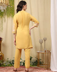 Pleated Crepe Kurta Set with Floral Embroidery & Lace-Hem Palazzo