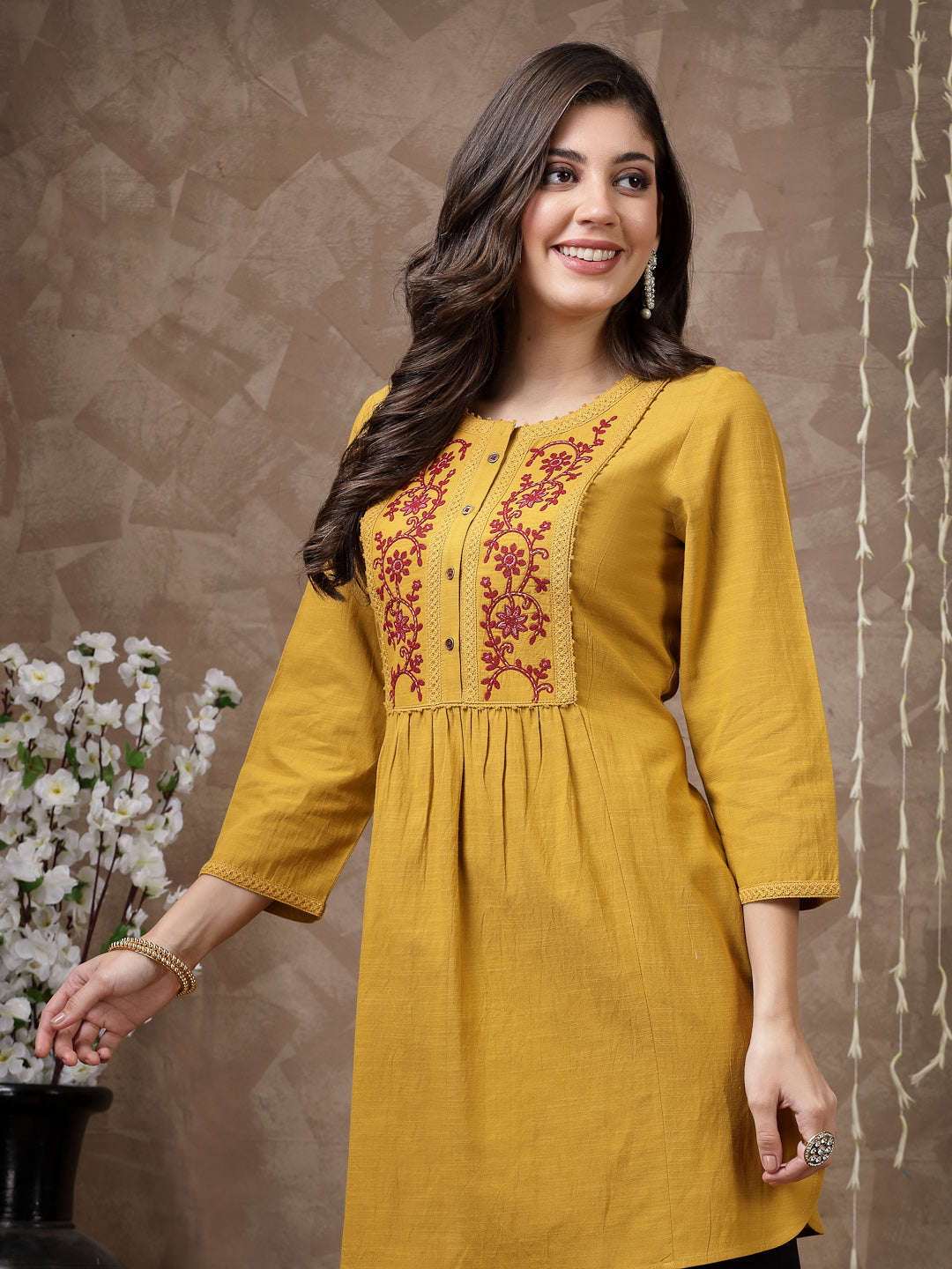 Solid A-Line Cotton Tunic with Embroidered Yoke