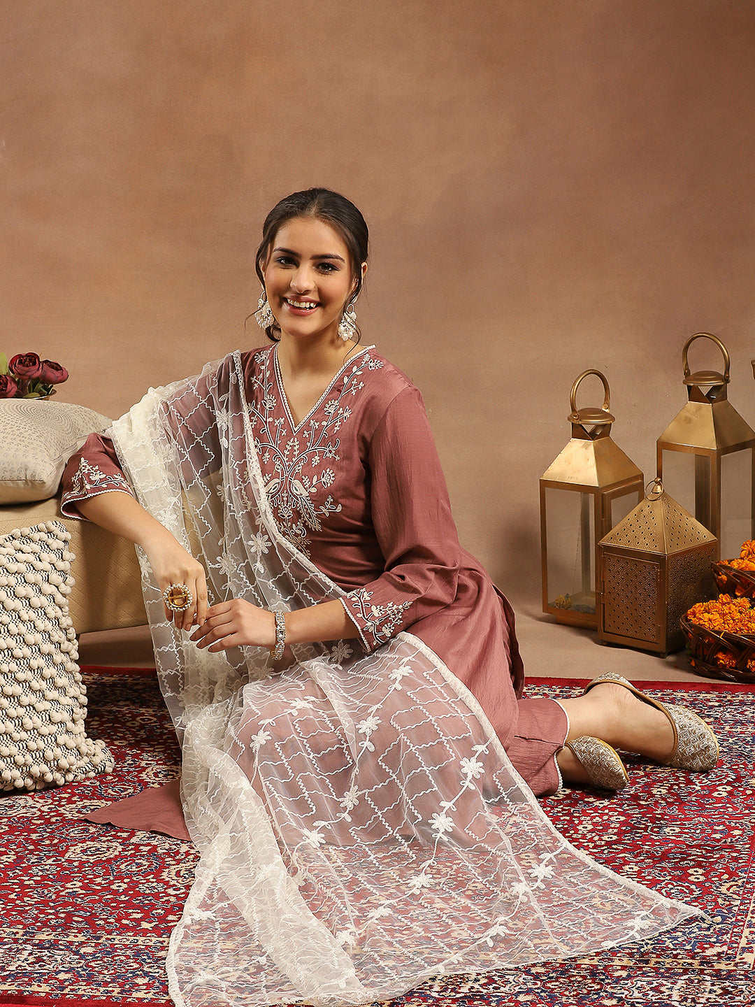 Kurta Set with Intricate Dori Embroidery, Lace Hem Palazzo &amp; Embroidered Supernet Dupatta