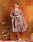 Floral Pashmina Wool Kurta Set with Zari Neckline & Printed Wool Dupatta