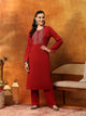 Wool Blend Calf-Length Kurta Set with Round Neck & Thread Embroidery
