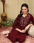 Solid Straight Viscose Rayon Kurta with Ethnic Embroidery & Palazzo