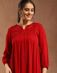 Solid A-Line Viscose Rayon Tunic with Mirror Embroidery