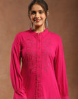 Solid A-Line Viscose Rayon Tunic with Embroidery & Lace Cuff
