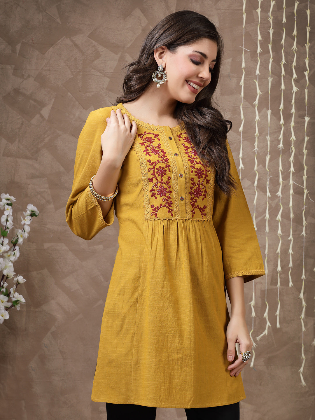 Solid A-Line Cotton Tunic with Embroidered Yoke