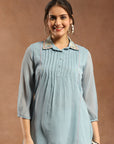 Solid Chiffon Tunic with Mirror Embroidery & Shirt Collar