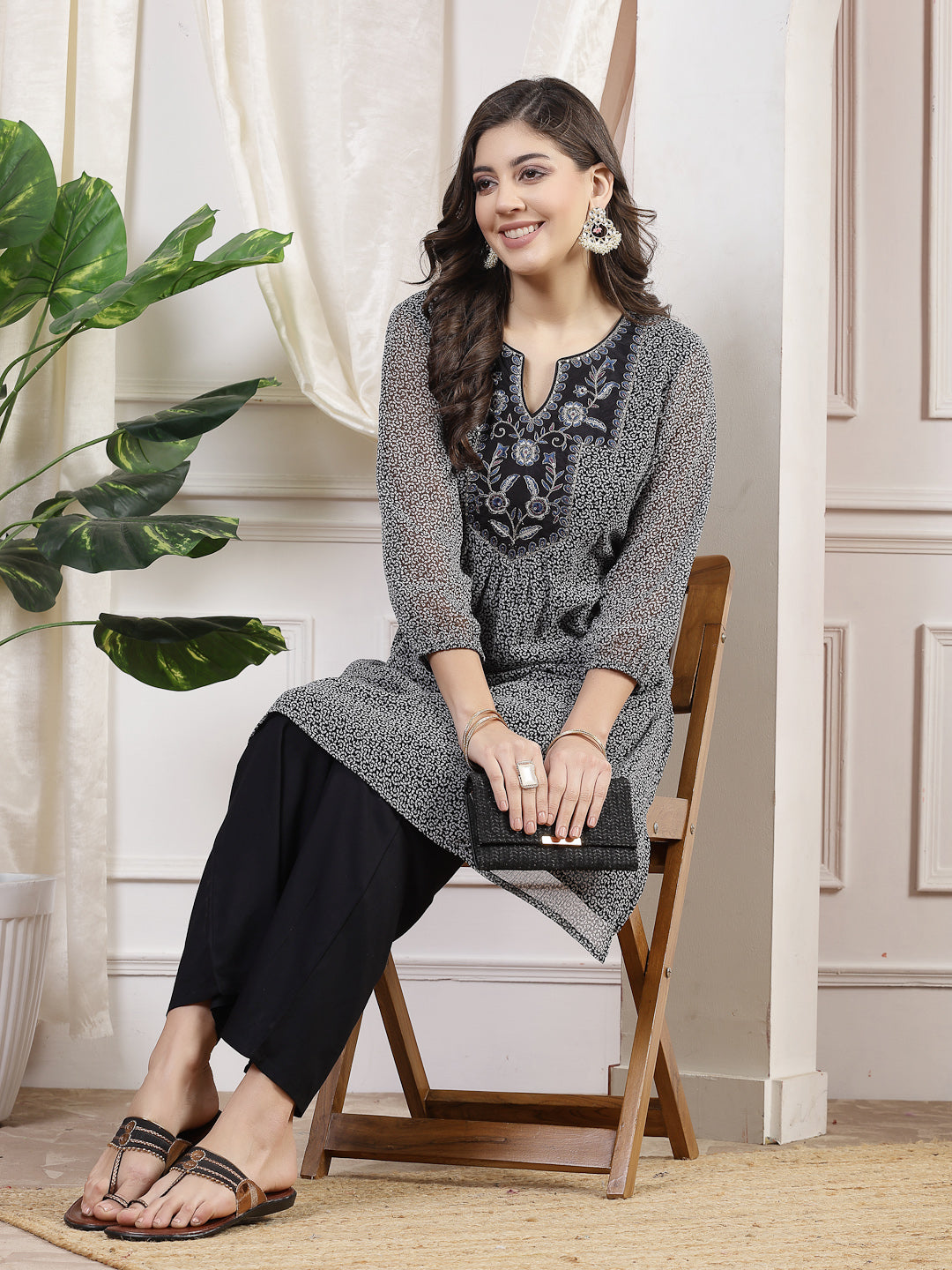 Printed Straight Chiffon Kurta with Floral Embroidery